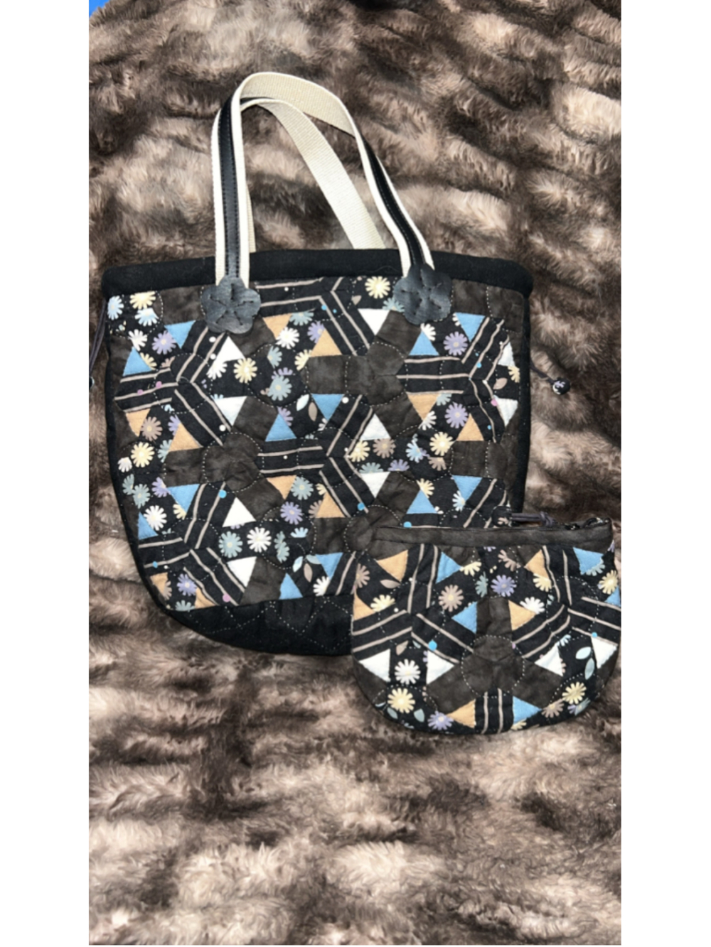 Women's Unbranded Quilted Floral Tote Bag Set, One Size, Black and Blue